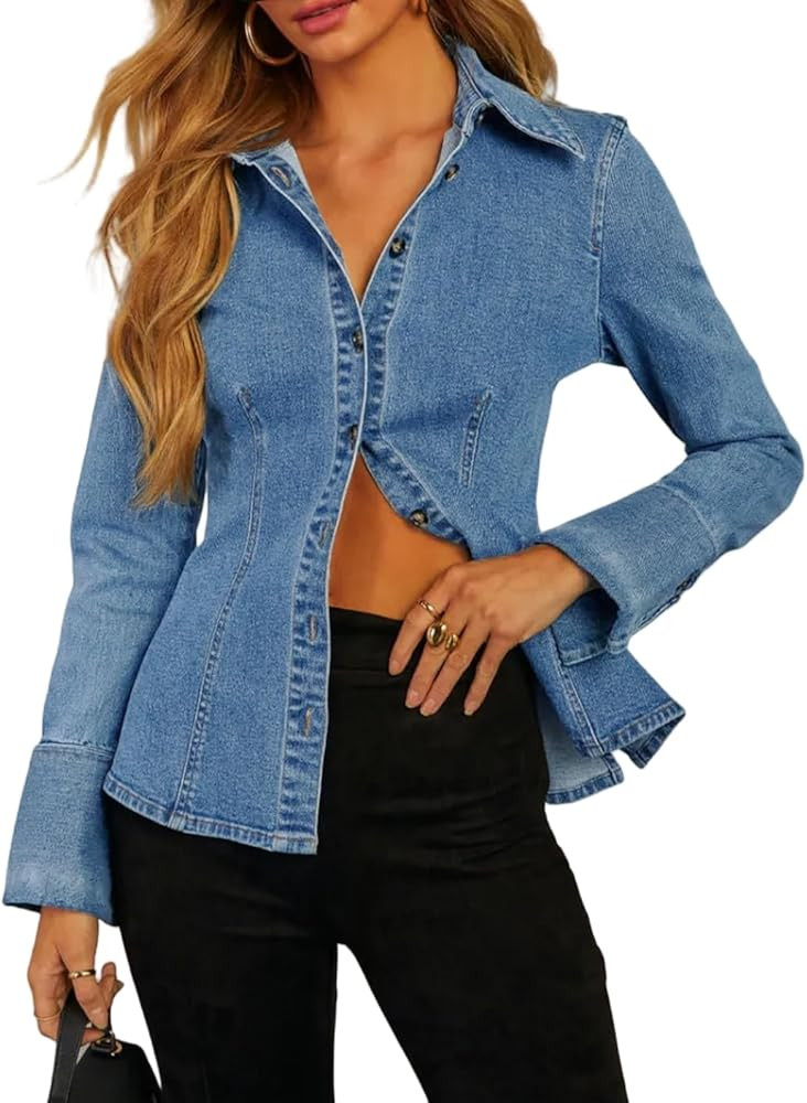 Denim Shirt Tops for Women Button Down Slim Fitted Long Sleeve V Neck Lightweight Jean Jackets | Amazon (US)