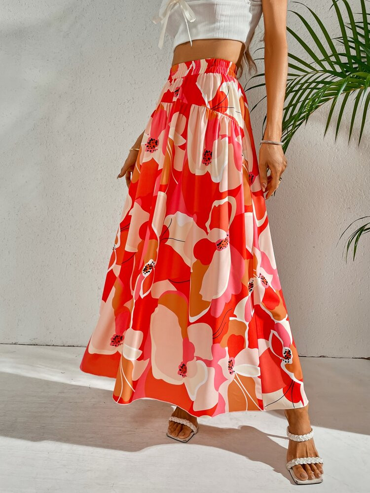 SHEIN VCAY Floral Print A-line Skirt | SHEIN