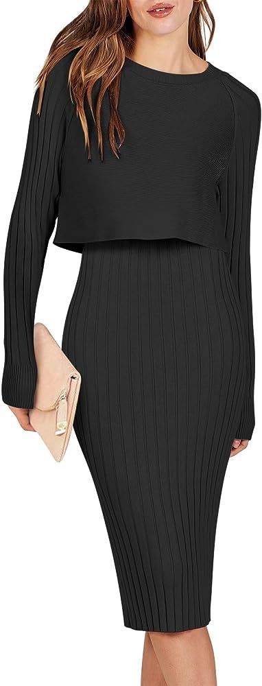 Women Casual Two Piece Outfits Long Sleeve Ribbed Knit Crop Top and Bodycon Midi Dresses Pullover... | Amazon (US)