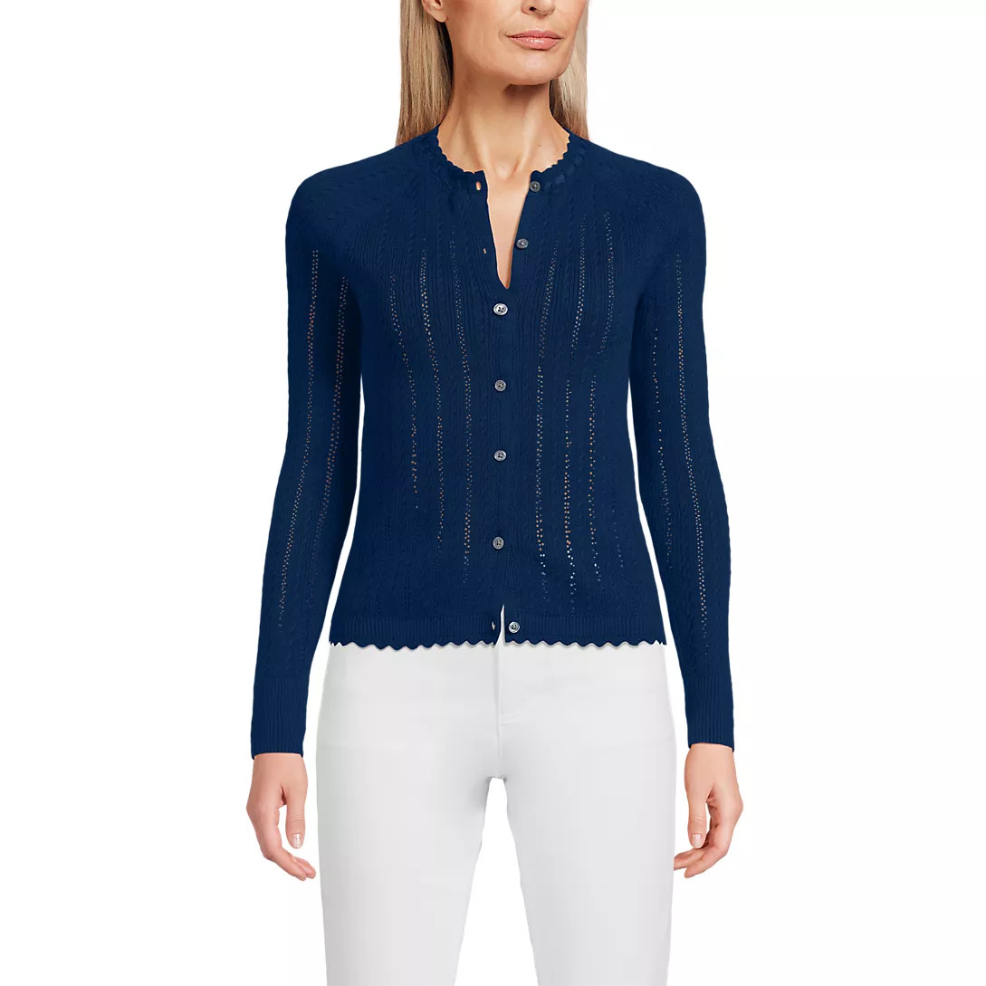 Women's Cotton Pointelle Satin Trim Cardigan Sweater | Lands' End (US)