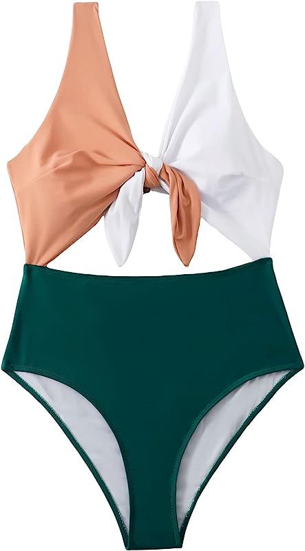WDIRARA Women's Plus Size Colorblock Cut Out Knot Front Swimwear Scoop Neck Onepiece Swimsuit | Amazon (US)