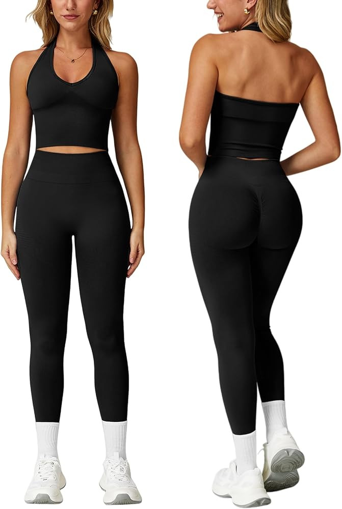 Workout Sets for Women 2 Piece Seamless Halter Tank Top Scrunch Butt Lifting High Waist Leggings ... | Amazon (US)
