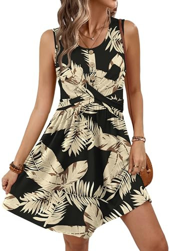 OFEEFAN Beach Dresses for Women Tropical Vacation Outfits for Women Trendy Babydoll Dress Classy Outfits Black Leaves M | Amazon (US)