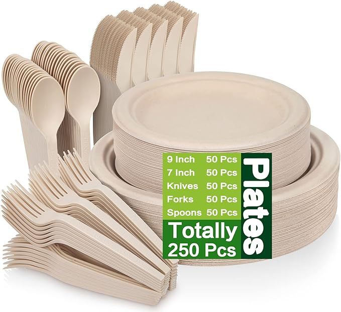 250 Piece Compostable Paper Plates Set with Extra Long Utensils, Sugarcane Fibers Disposable Dinn... | Amazon (US)