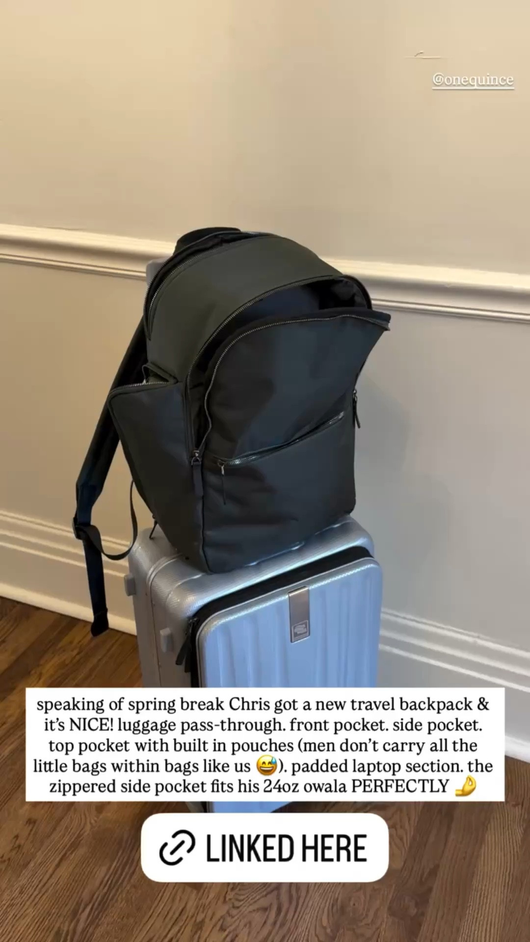speaking of spring break Chris got a new travel backpack & it’s NICE! luggage pass-through. front pocket. side pocket. top pocket with built in pouches (men don’t carry all the little bags within bags like us 😅). padded laptop section. the zippered side pocket fits his 24oz owala PERFECTLY 🤌  @onequince

#LTKTravel #LTKdayinmylife #LTKMens