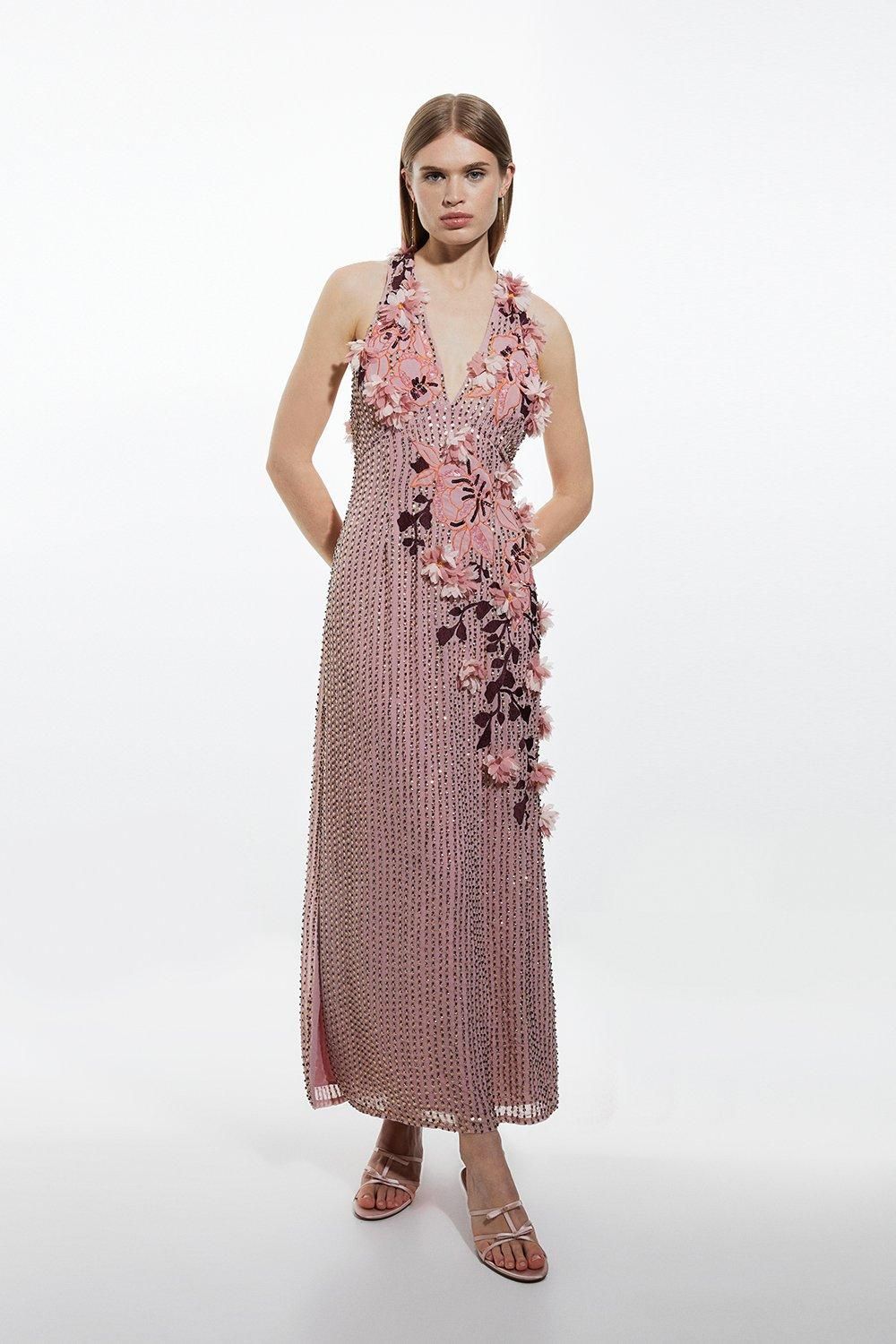 Crystal Embellished Embroidery And Applique Woven Halter Woven Maxi Dress | Karen Millen US