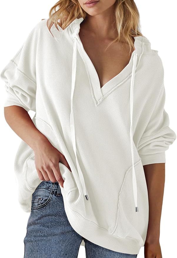 AlvaQ Women Oversized Hoodies Casual Long Sleeve V Neck Drawstring Hooded Sweatshirts Casual Waff... | Amazon (US)