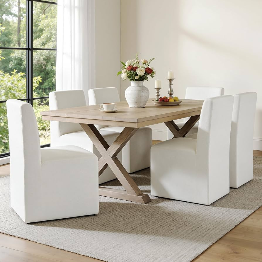 Upholstered Dining Chairs with Casters Set of 6 - Rolling Dining Chairs for Home Desk, Lounge or Living Room, Silent Wheel, No-Assembly, White | Amazon (US)