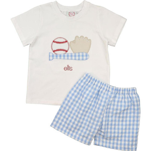 Blue Check Seersucker Applique Baseball Short Set | Cecil and Lou