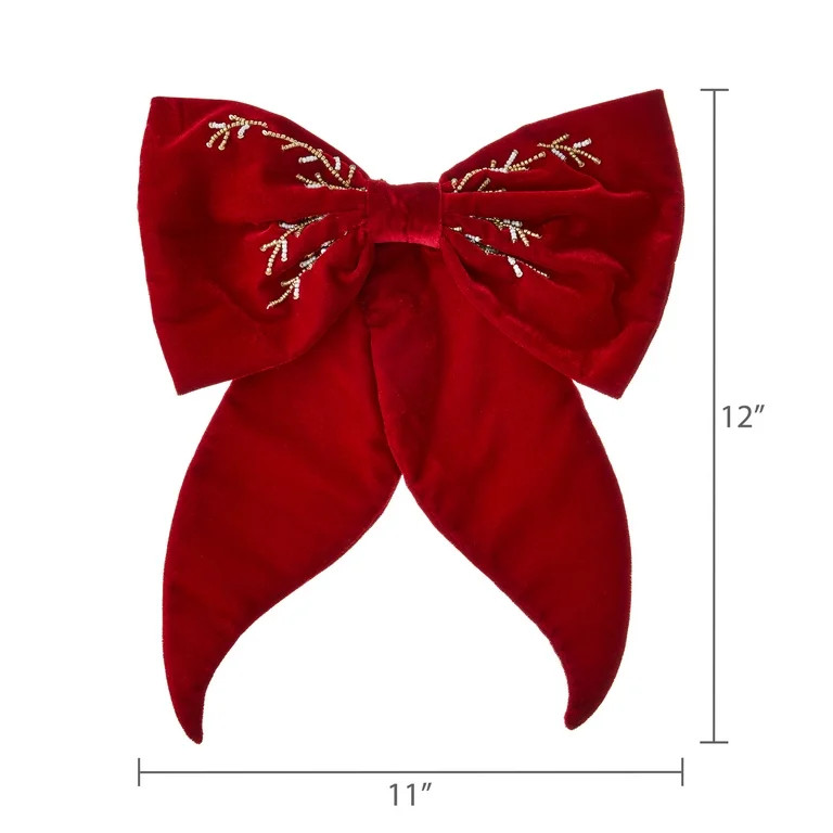 Burgundy Velvet Beaded Decorative Christmas Bow, 13", by My Texas House | Walmart (US)