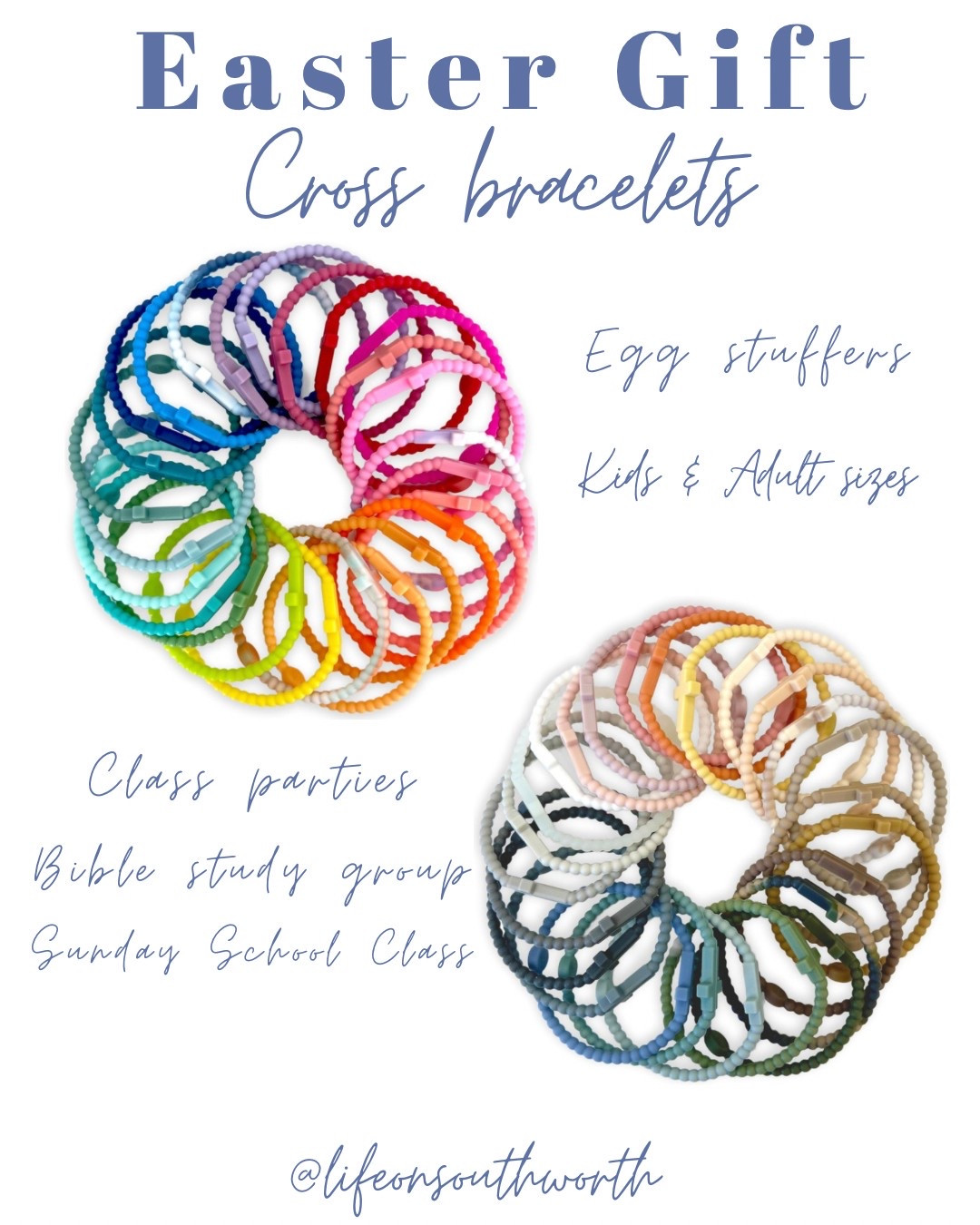What a fun & thoughtful gift for Easter. These silicone cross bracelets are a favorite in our family & a daily reminder that Jesus loves us. Love the color options & sizing from kids to adults makes it an easy gift to give to groups  

#LTKFamily #LTKSeasonal #LTKParties