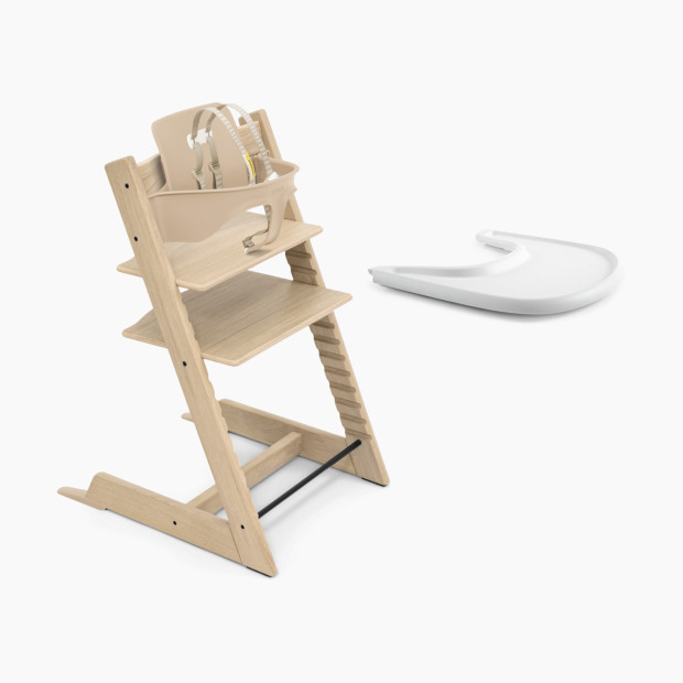 Stokke Tripp Trapp High Chair + Tray Bundle in Oak Natural/White Size 19.3"" x 31.1"" x 18.1 | Babylist