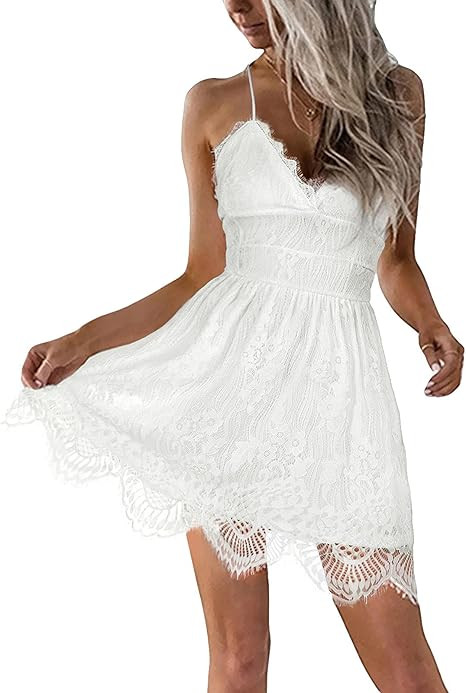 AOOKSMERY Women Summer V-Neck Spaghetti Straps Lace Backless Party Club Beach Mini Midi Dresses | Amazon (US)