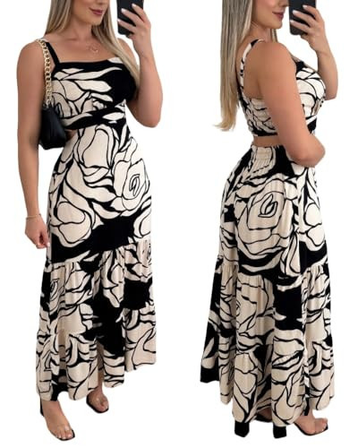 CHICME Summer Dresses for Women 2026 Sleeveless Casual Boho Maxi Dress Square Neck Hollow-Out Floral A Line Black Dress-M | Amazon (US)