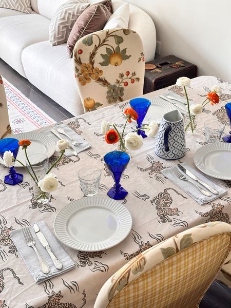 The new tablecloth collection by The Inside is 20% off right now! Loved setting the table with this iconic Canvas Tigresse pattern paired with a blue and white tablescape and dining room decor 

#LTKstyletip #LTKsalealert #LTKhome