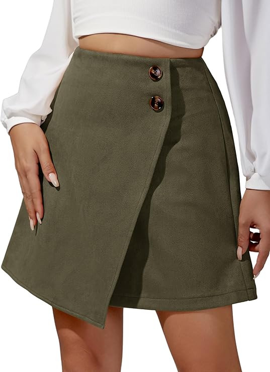 Ezcosplay Women High Waisted Faux Suede Mini Skirt Button Front Asymmetrical Hem A Line Short Ski... | Amazon (US)