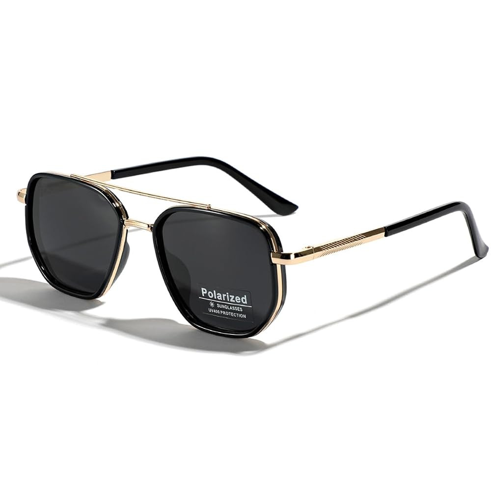Polarized TR90 Sunglasses Vintage Square Flattop Sun Glasses Double Bridge Metal UV400 Eyewears | Amazon (US)