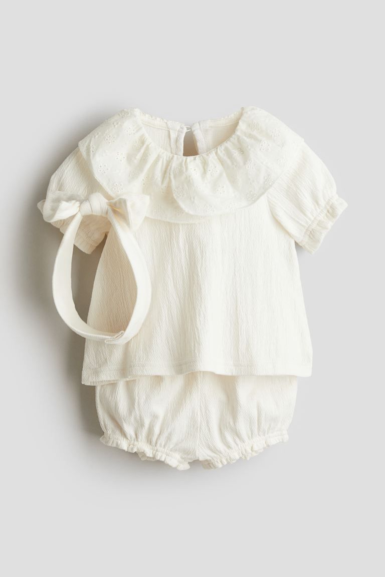 3-piece Crinkled Jersey Set - Regular waist - Round Neck - Cream - Kids | H&M US | H&M (US + CA)