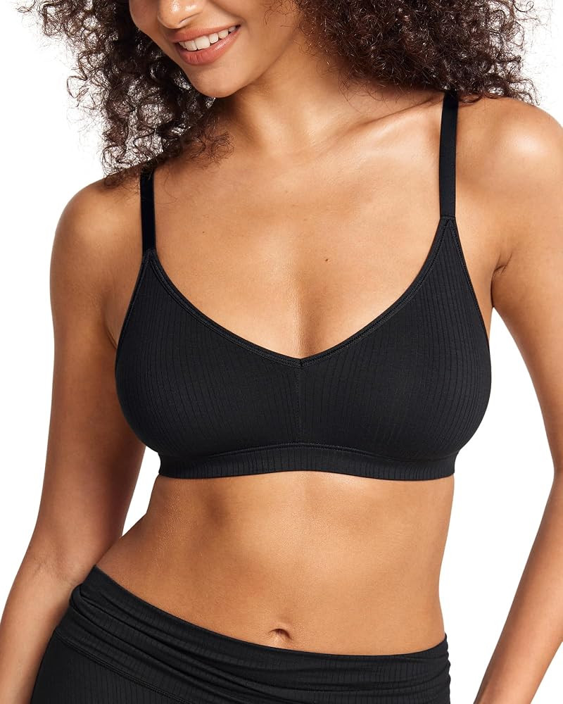 Women's No Underwire Comfort Bralette Ribbed Wireless Bra Sleep Unlined V Neck Bras Soft Everyday | Amazon (US)