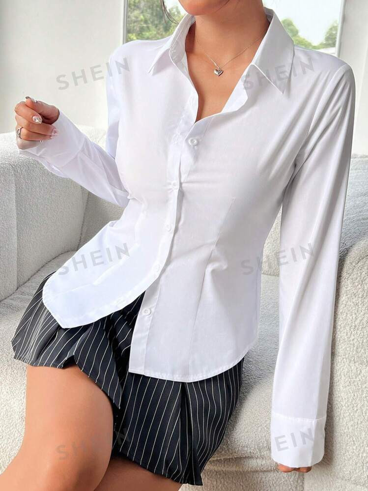 SHEIN EZwear Solid Color Long Sleeve Shirt,Long Sleeve Tops | SHEIN
