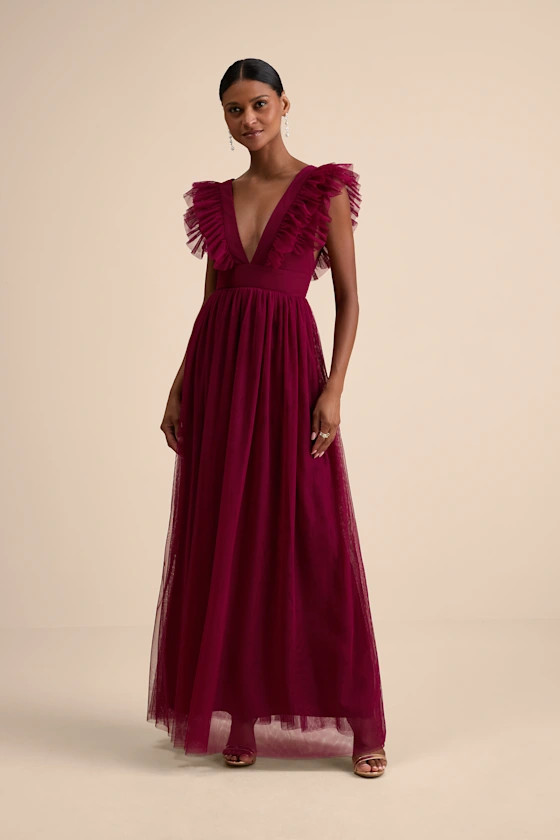Simply Delighted Burgundy Mesh Ruffled Backless Maxi Dress | Lulus