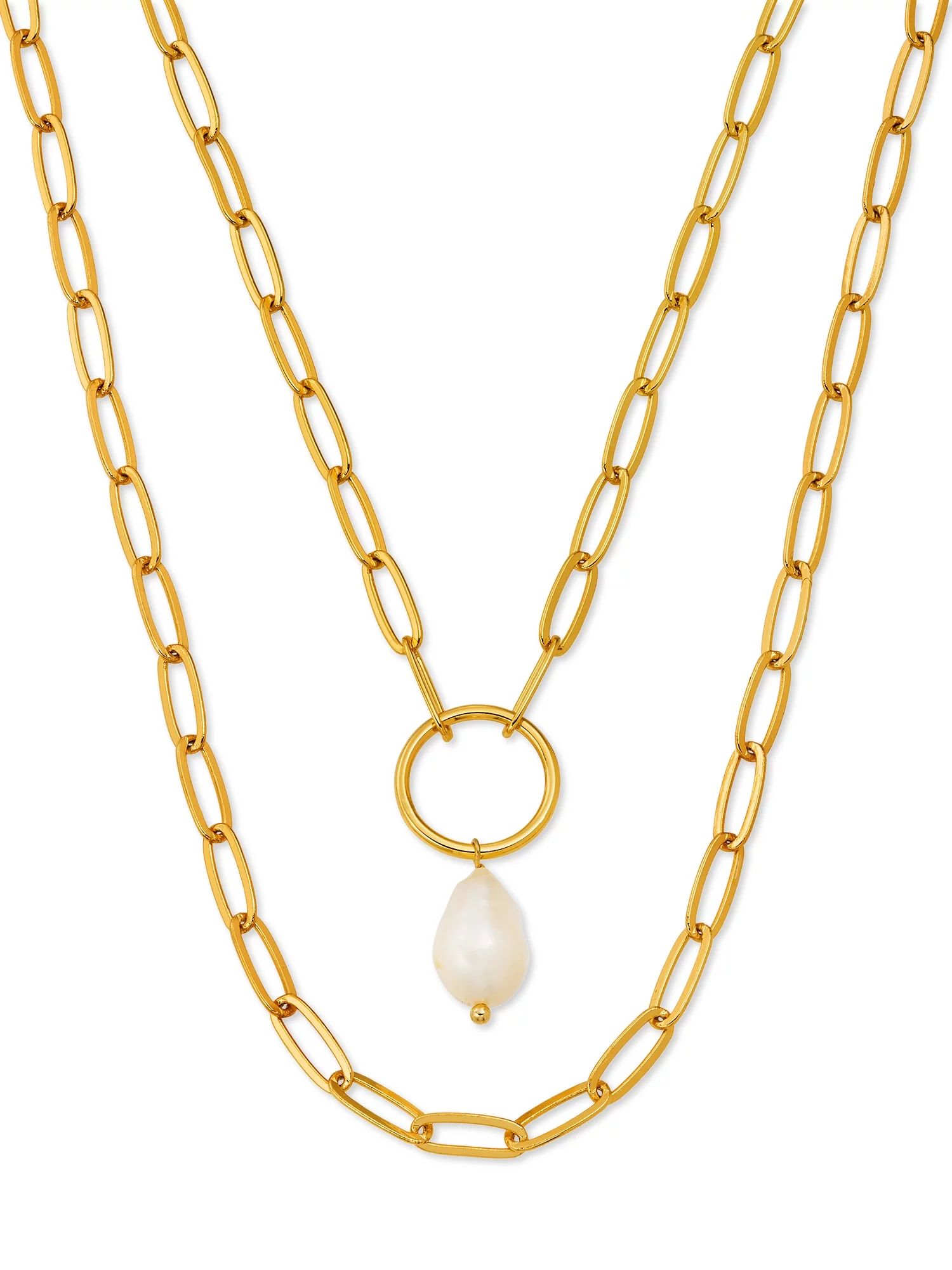 Scoop Brass Yellow Gold-Plated Layered Imitation Pearl Link Necklace, 15" + 3" Extender | Walmart (US)