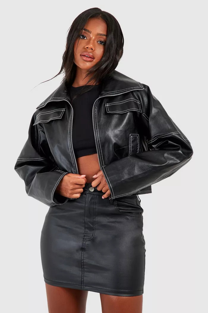 Contrast Detail Faux Leather Jacket | Boohoo.com (UK & IE)