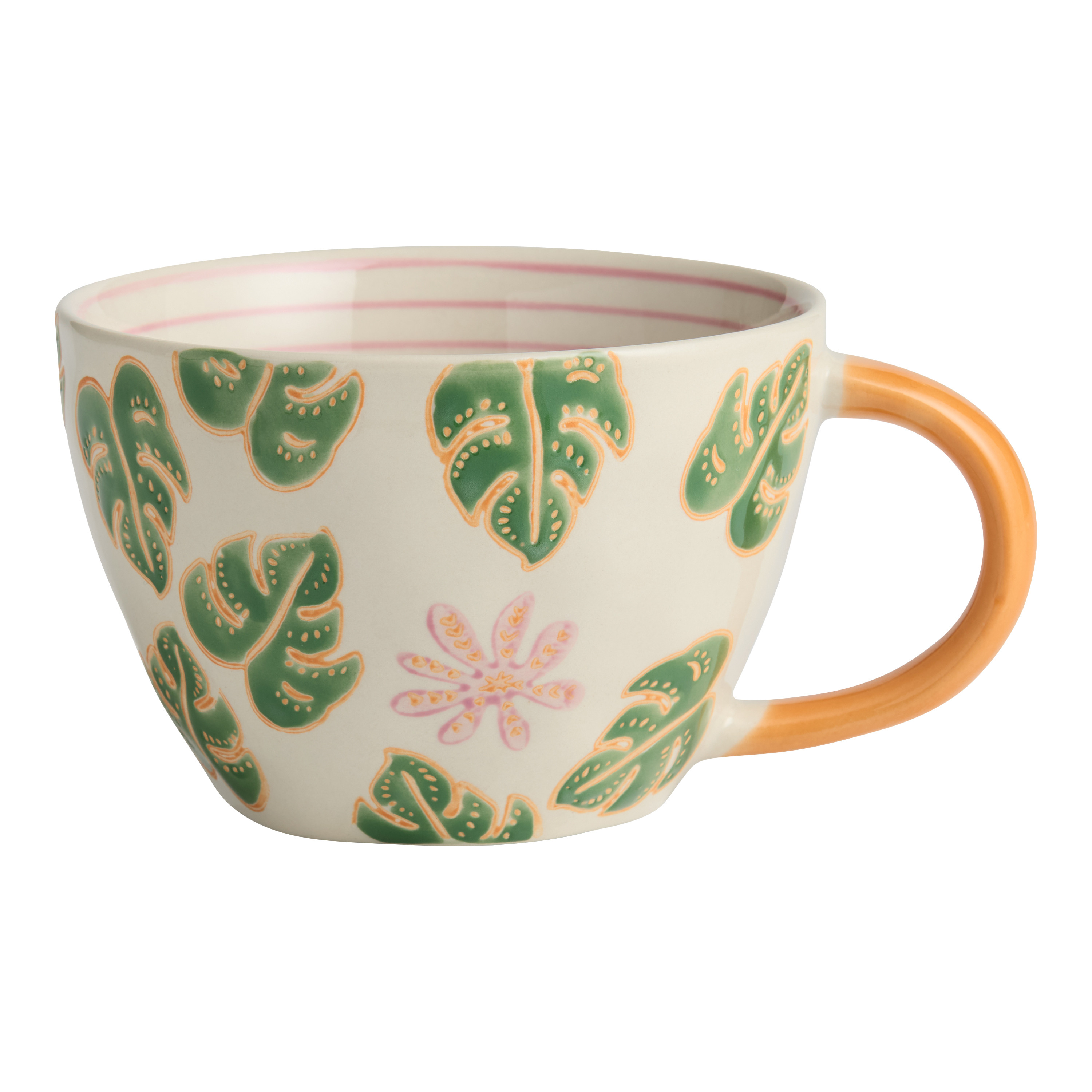 Orange and Green Monstera Stripe Hand Painted Ceramic Mug | World Market