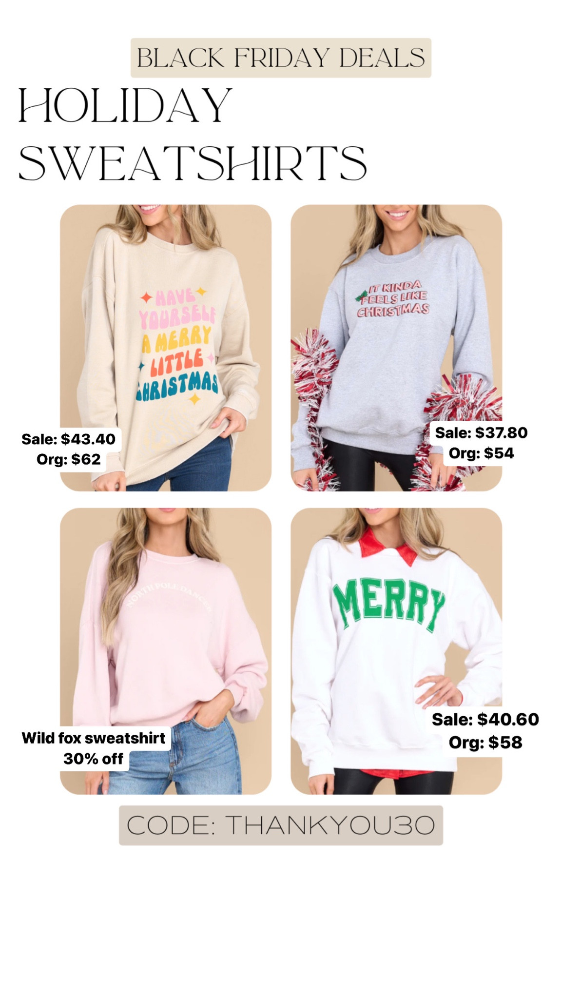 30% off these cute holiday sweatshirts code: HOLIDAY30

Dressupbuttercup.com 

#dressupbuttercup 

#LTKsalealert #LTKGiftGuide #LTKstyletip