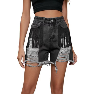 Women's Washed Fringe Distressed Raw Hem Denim Shorts, High-Waist Casual Jean Shorts for Street & Festival Wear White black gray L | Target