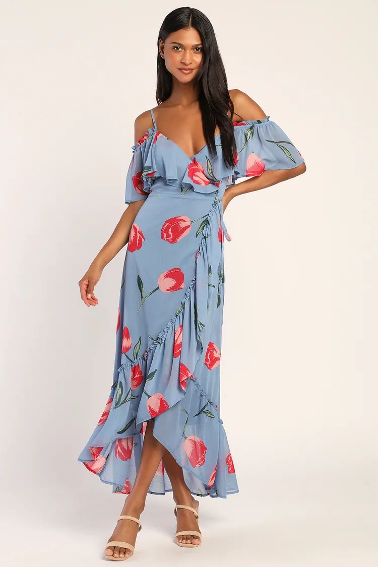 Petal Paradise Blue Floral Print Cold-Shoulder Wrap Maxi Dress | Lulus (US)