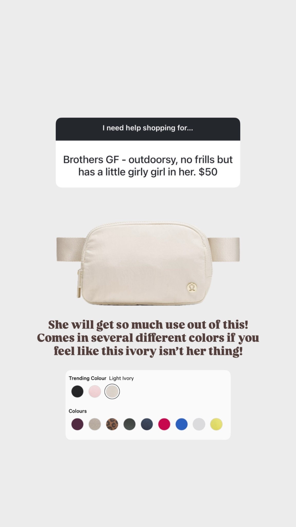 This is a practical gift for anyone! They’ll be sure to use & love this for years!

Loverly Grey, lululemon, belt bag, gift guide, gift ideas 

#LTKHoliday #LTKFindsUnder50 #LTKGiftGuide