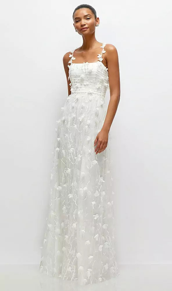 Shirred 3D Sequin Embroidery Floral Maxi Dress with Petal-Adorned Straps in Ivory | Dessy Group