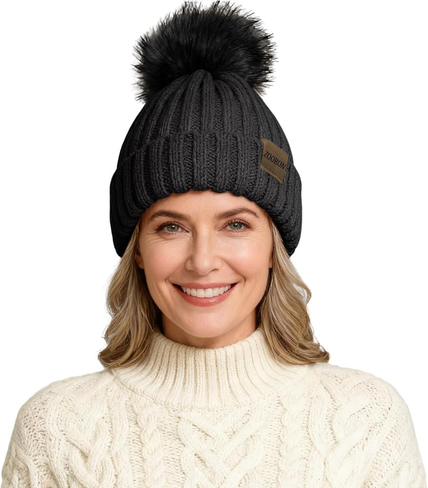 ZOORON Beanies for Womens Winter Knitted Beanies Hats with Faux Fur Pom Warm Knit Skull Cap | Amazon (US)