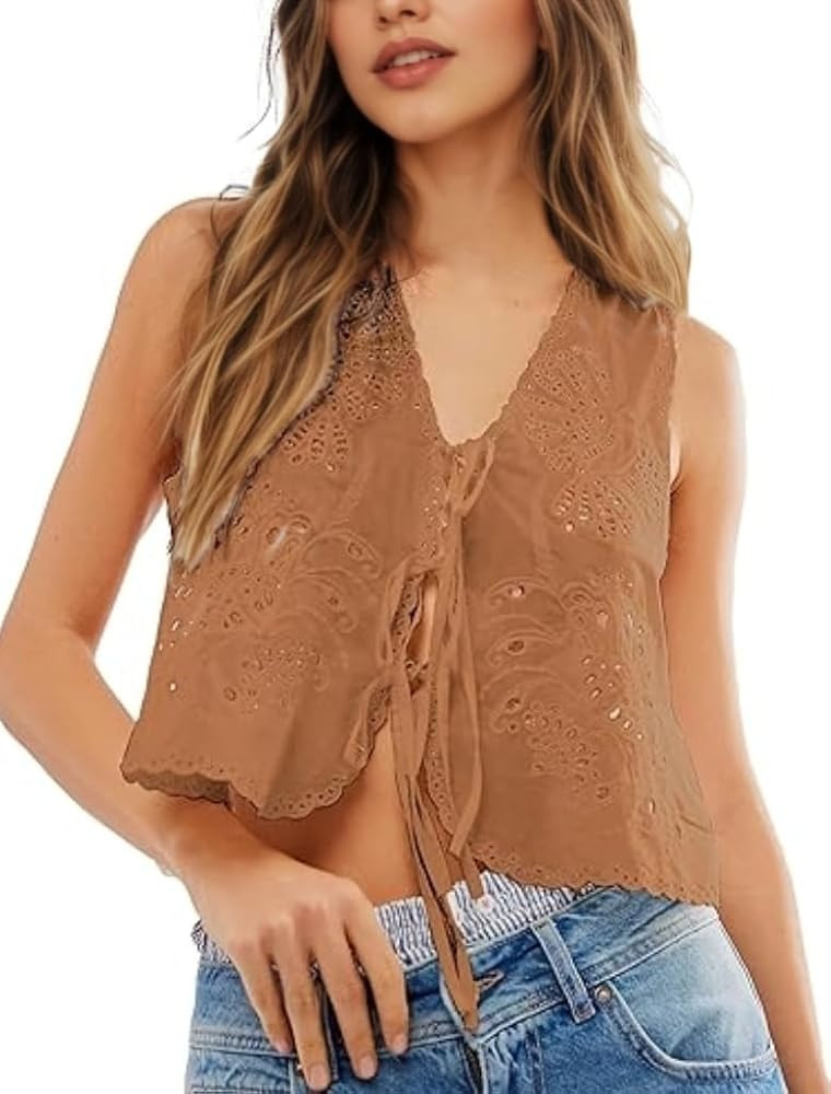 Womens Vest Top Trendy Floral Embroidered Eyelet Tie Front Tops Fashion Crochet Lace Hollow Out V... | Amazon (US)