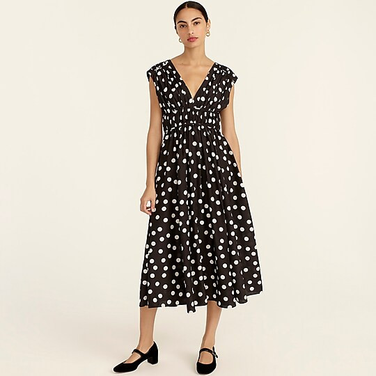 Gathered silk midi dress in polka dot | J. Crew US