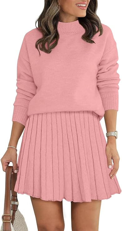 Women's Two Piece Outfits Turtleneck Long Sleeve Ribbed Knit Tops Pleated Mini Skirt 2026 Casual ... | Amazon (US)