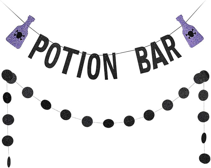 Potion Bar Banner Black Glitter and Black Glittery Circle Dots Garland- Halloween Hocus Pocus Dec... | Amazon (US)