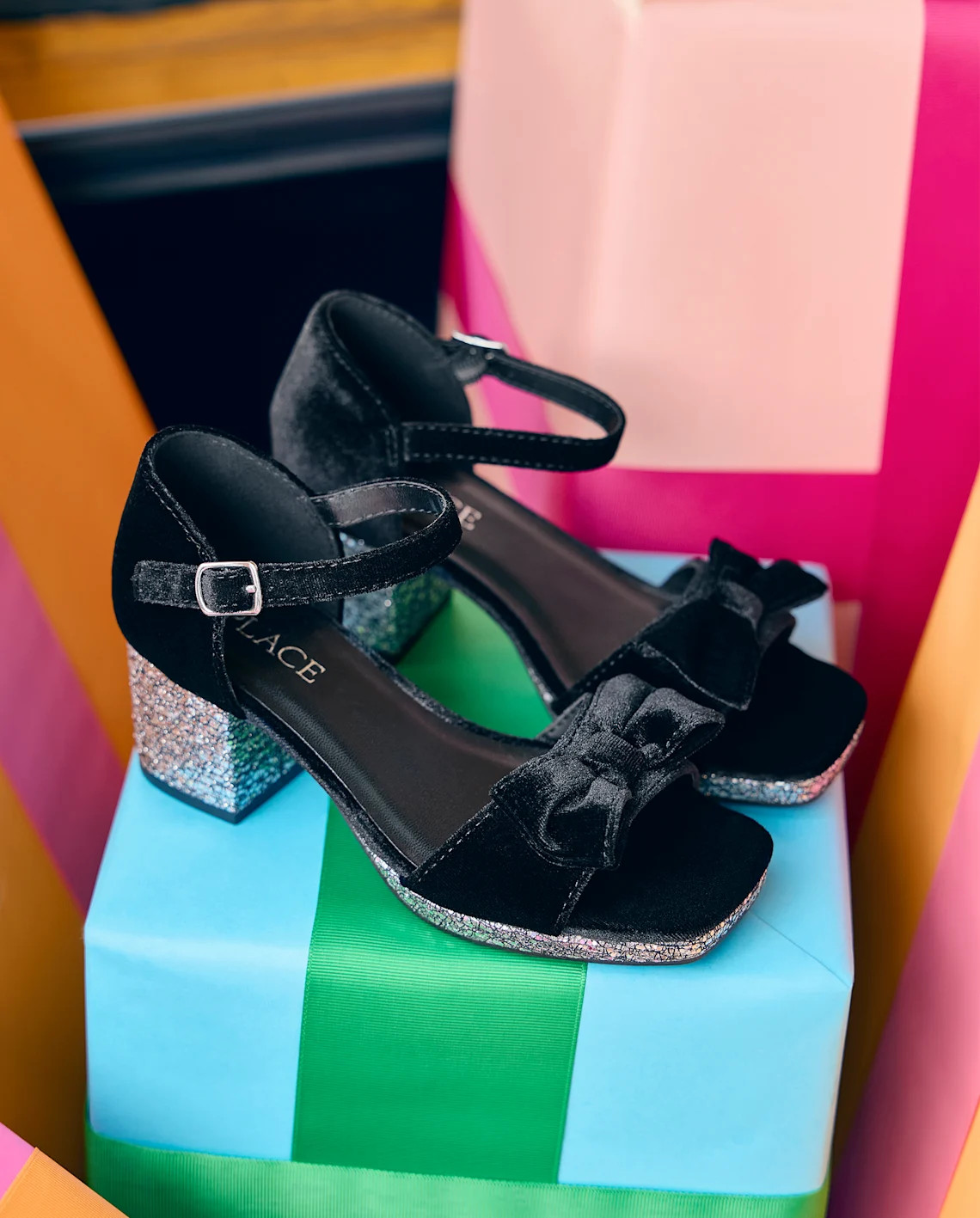 Girls Glitter Velvet Platform Block Heels - black | The Children's Place