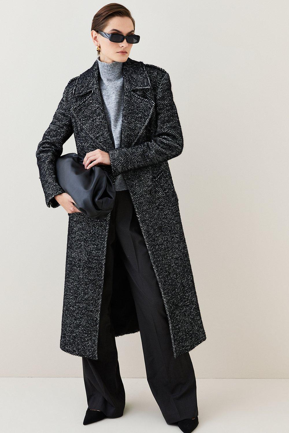 Italian Herringbone Wool Belted Trench Coat | Karen Millen UK + IE + DE + NL