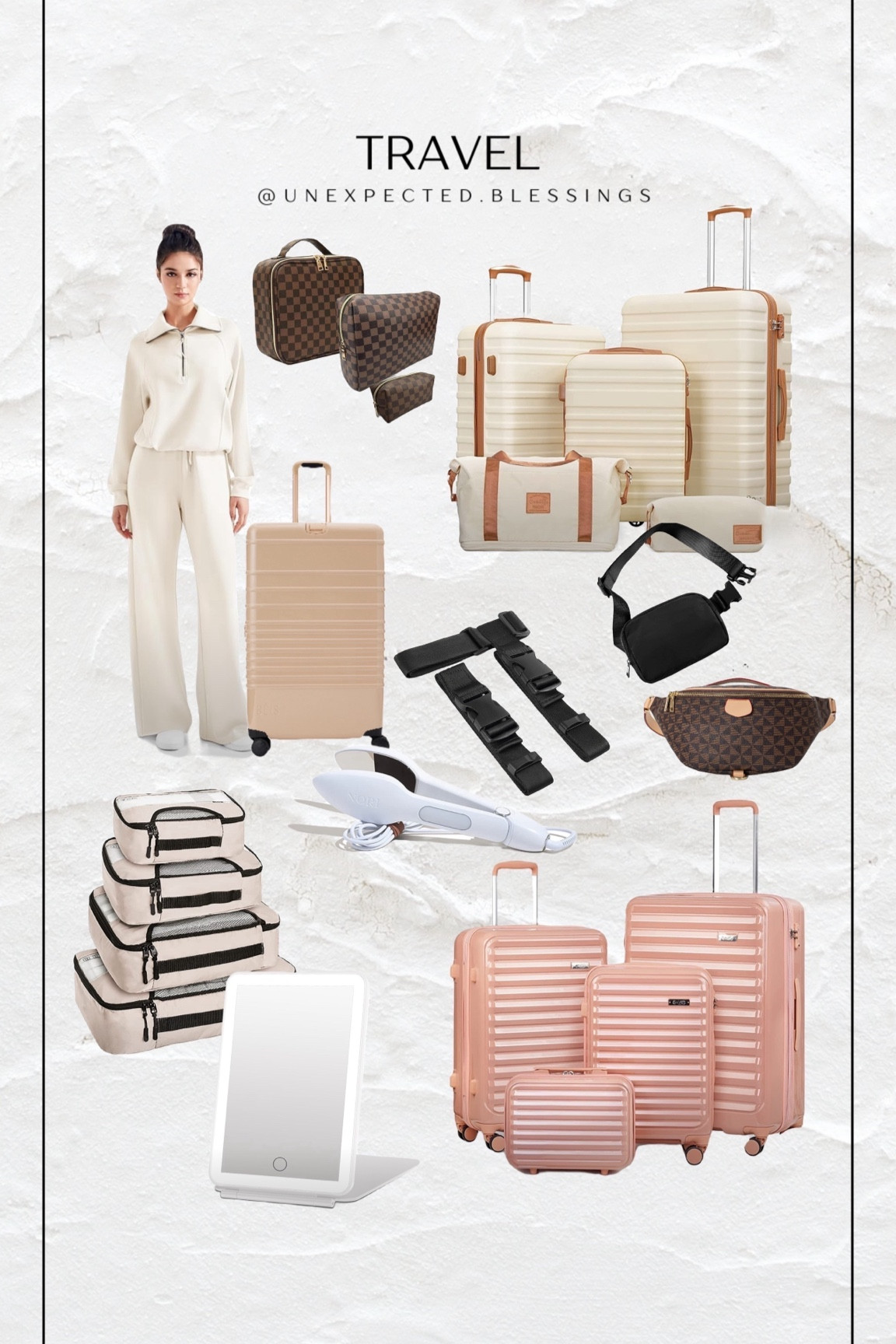 Travel essentials for the new year! Beis look a like luggage, travel outfit, airport travel outfit, suitcase connectors, travel must haves, makeup bag, packing cubes, travel vanity mirror 

#LTKTravel