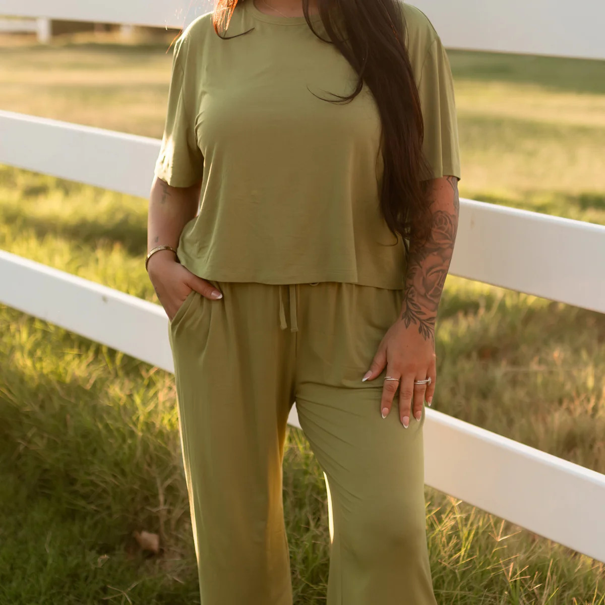 Women's T-Shirt and Pants Set in Olive Green | Silks Design