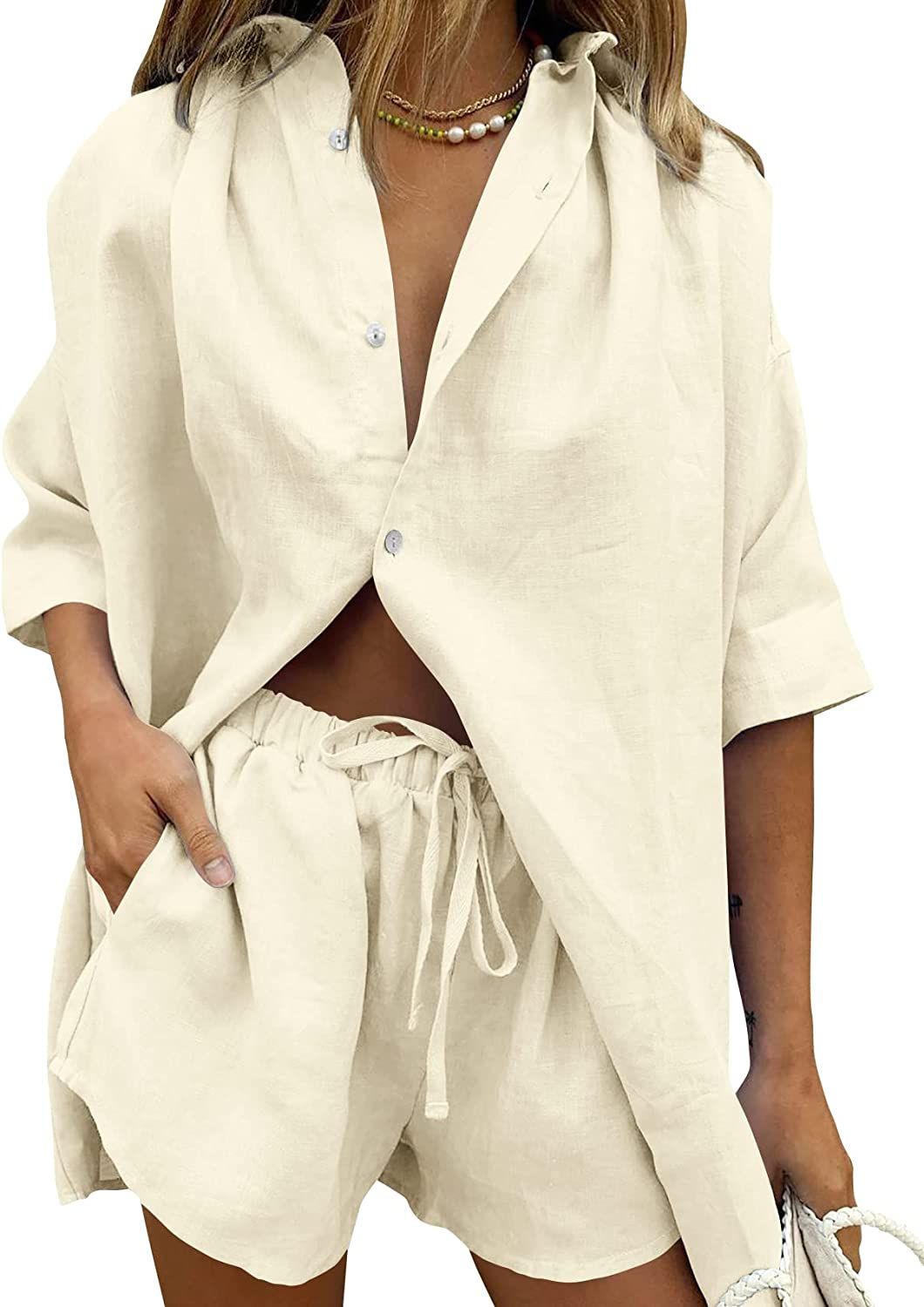 Runcati Womens Linen Cotton 2 Piece Outfits Button Down Half Sleeve Shirt&Summer High Waist Draws... | Amazon (US)