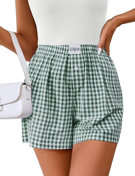 LOMON Womens Boxer Shorts Casual Summer Cotton Pajama Lounge Sleep Pj Gingham Plaid Shorts Y2K Be... | Amazon (US)