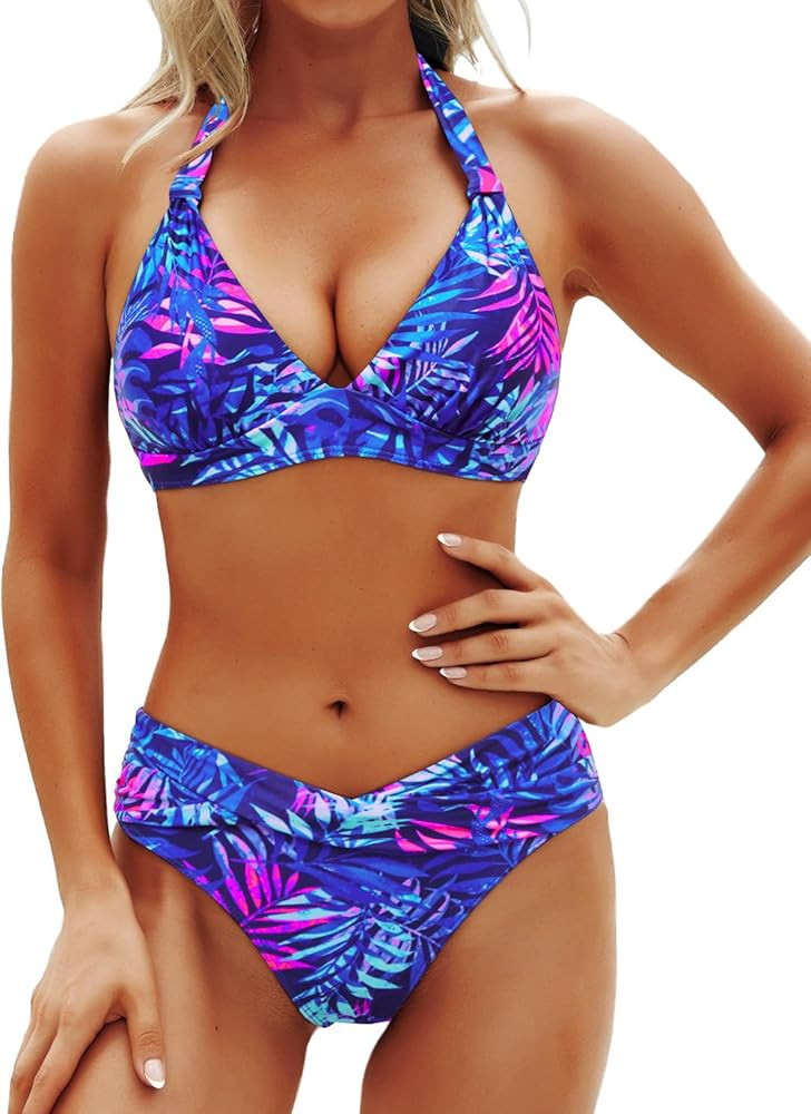 Yonique Women Two Piece Bathing Suits Push Up Bikini Set Halter Swimsuit Vintage Swimwear | Amazon (US)