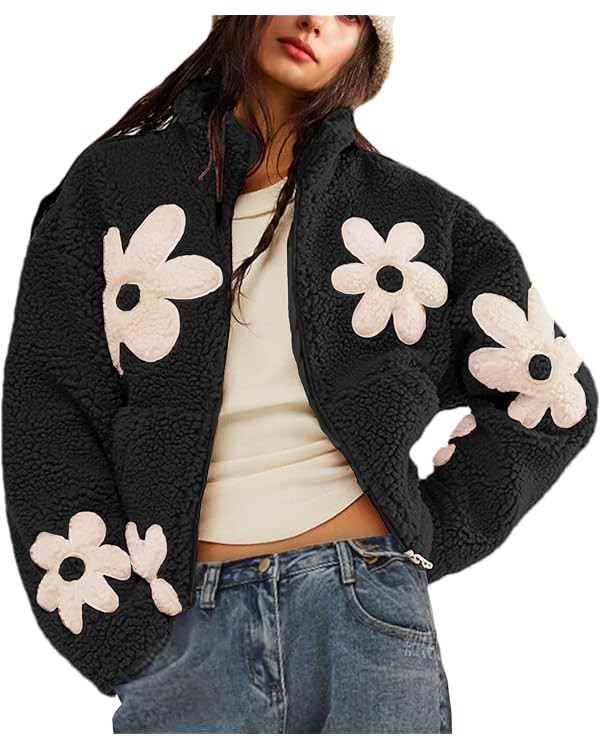 Maixang Womens Floral Print Sherpa Fleece Jackets Winter Zipper Cropped Coat Casual Long Sleeve O... | Amazon (US)