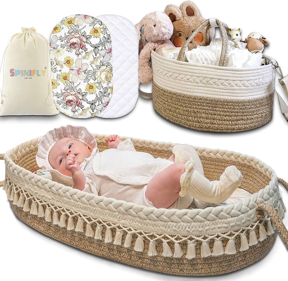 Baby Changing Basket Set w. Diaper Caddy Organizer Macrame Boho Moses Basket for Babies, Handmade... | Amazon (US)