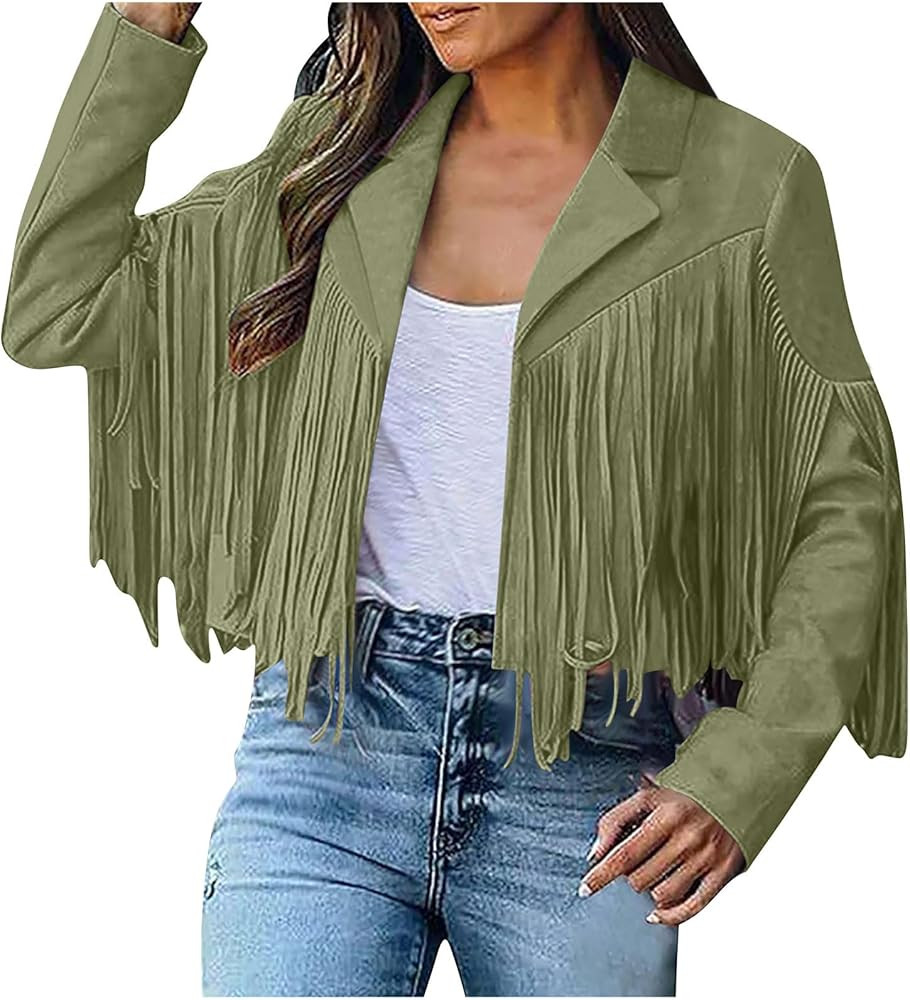 Womens Fringe Jacket Faux Suede Leather Jackets Tassel Motorcycle Cowgirl Outfits Fall Fashion We... | Amazon (US)