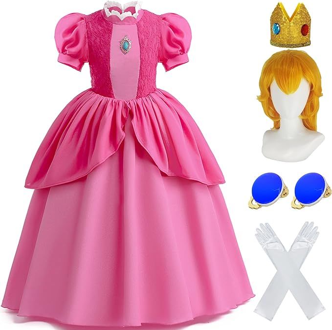 Princess Peach Costume Dress Girls Kids Super Brother Cosplay with Wig Crown Earring Gloves Hallo... | Amazon (US)