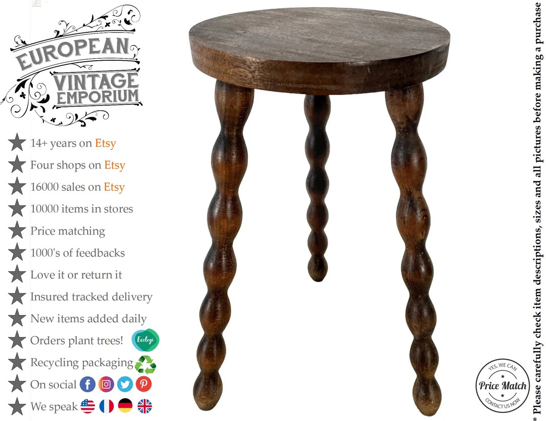 Vintage Stool French Medium Wooden Wood Milking Chair Seat Kitchen Table Round Shaped Seat Plant ... | Etsy (CAD)